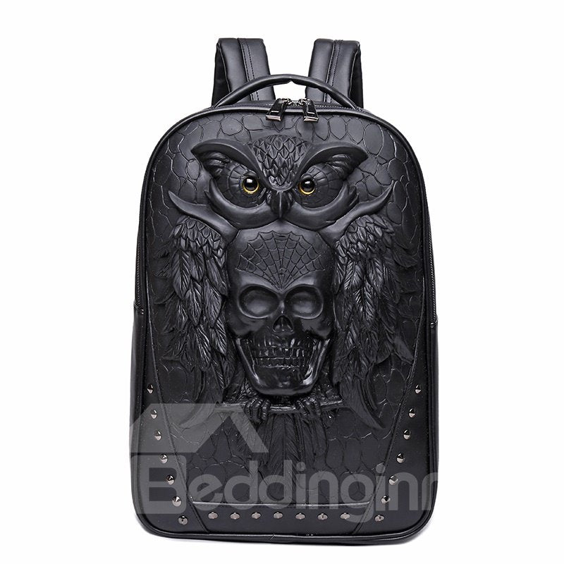 3D Owl and Skull Studded College Backpack PU Leather Shoulder Bag