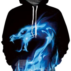 Black Long Sleeve Blue Dragon Pattern 3D Painted Hoodie