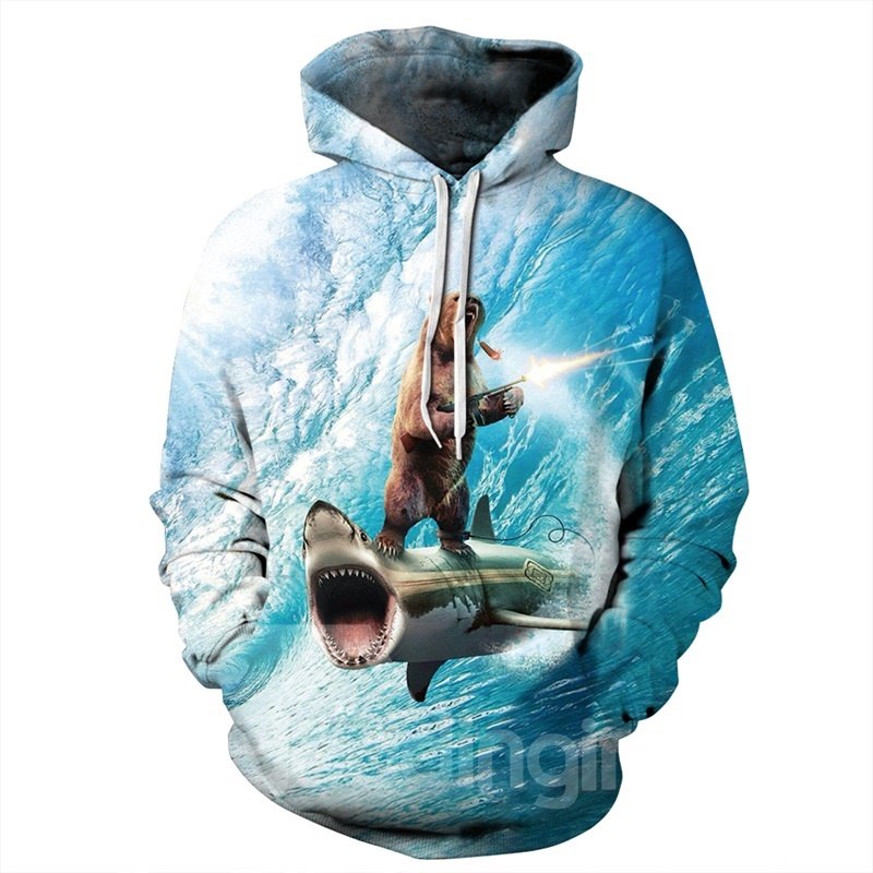 Long Sleeve Funny Bear Shark with Gun 3D Painted Hoodie