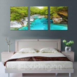 Beautiful Nature Crystal Blue Creek in Valley 3-Panel Canvas Framed Wall Prints