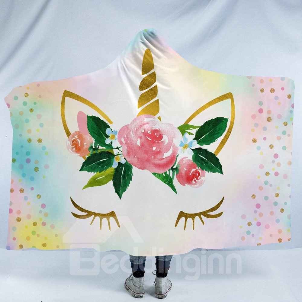 Rainbow Color Funny Unicorn Printing Polyester Hooded Blanket - Image 2