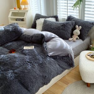 4-Piece Shaggy Mink Velvet Plush Bedding Set/Duvet Cover Set Thick Fluffy Bedding Keep Warm Full Queen Size Solid Color