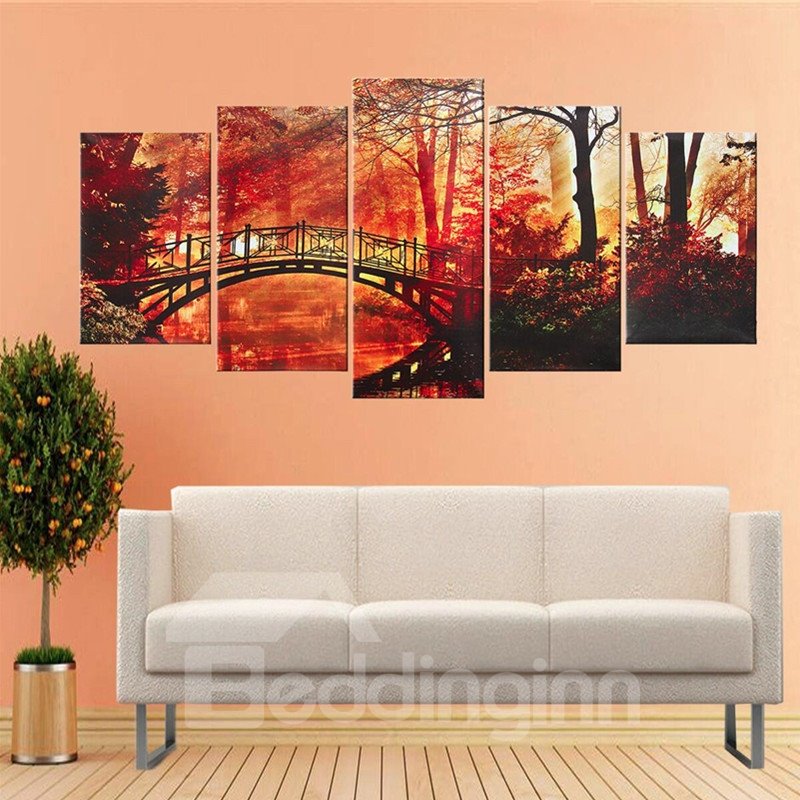 Red Leaves in Tree and Bridge Hanging 5-Piece Canvas Eco-friendly Waterproof Non-framed Prints