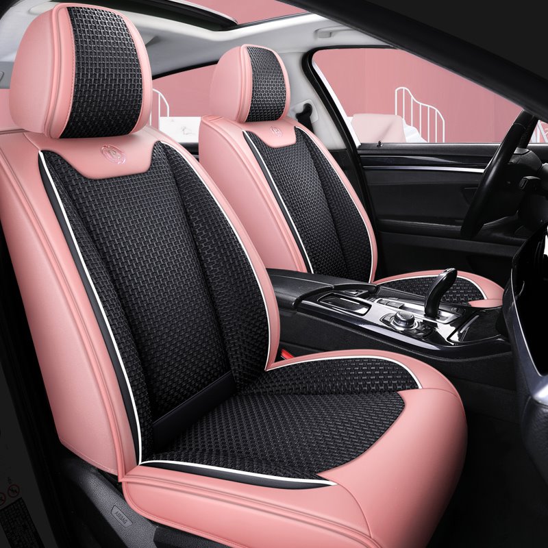 Cool and Hard-wearing Exclusive 5 Seater Universal Fit Seat Covers for Summer Combination of Durable Leather and Breathable Linen Material Compatible with Airbags Universal Fit Interior Accessories for Auto Truck Van SUV - Image 2