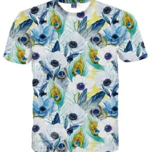 Polyester Pretty Round Neck Flower and Peacock Pattern 3D Painted T-Shirt