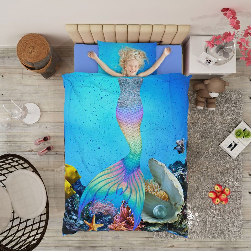 Blue Mermaid 4-Piece 3D Bedding Set/Duvet Cover Set The Underwater World Wear-resistant Breathable High Quality 60s Cotton Satin Grils Bedding - Image 4