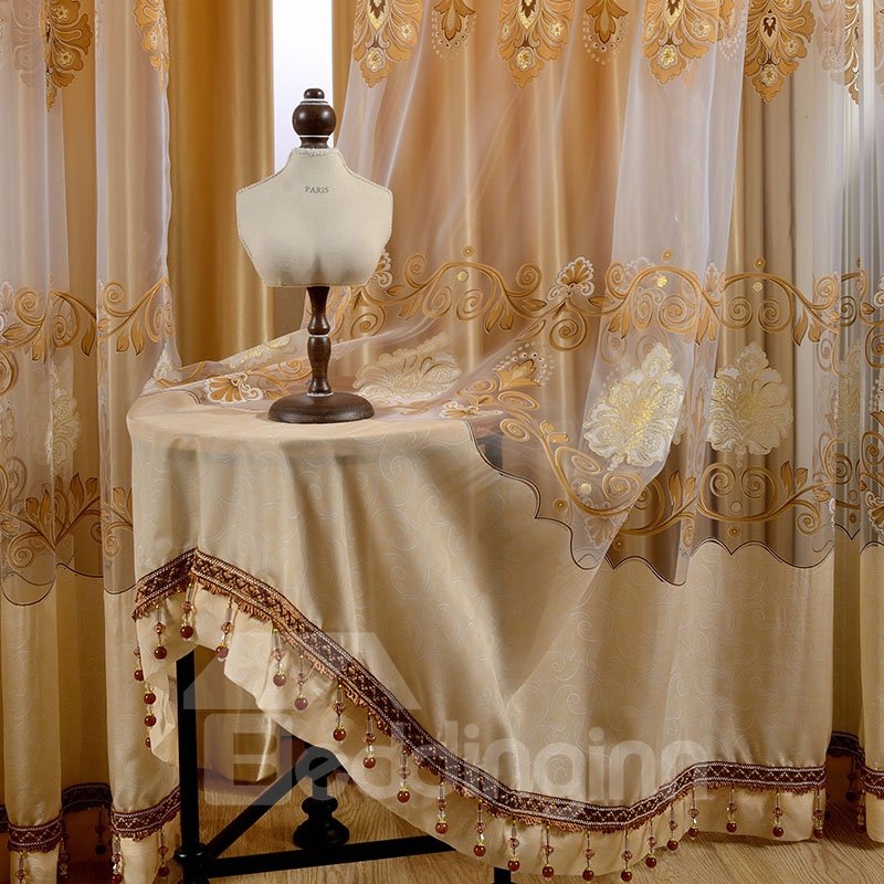 Light Orange Grommet Drapes Embroidery Jacquard Curtain 2 Panels