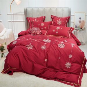 Red High-end Luxurious 4-piece Duvet Cover Set Snowflake Embroidery Handmade Bow Cotton Bedding Set Christmas Gift