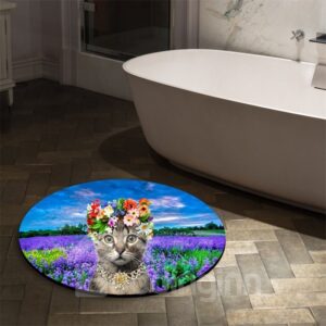 Cat with Flowers and Flower Field Nonslip Round Area Rug