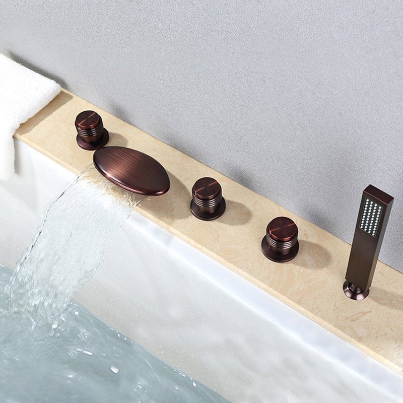 Retro Vintage 5-Hole Roman Tub Faucet with Hand Shower, Triple Cross Handles