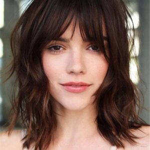 Medium Layered Wavy Human Hair With Bangs Capless 12 Inches Wigs