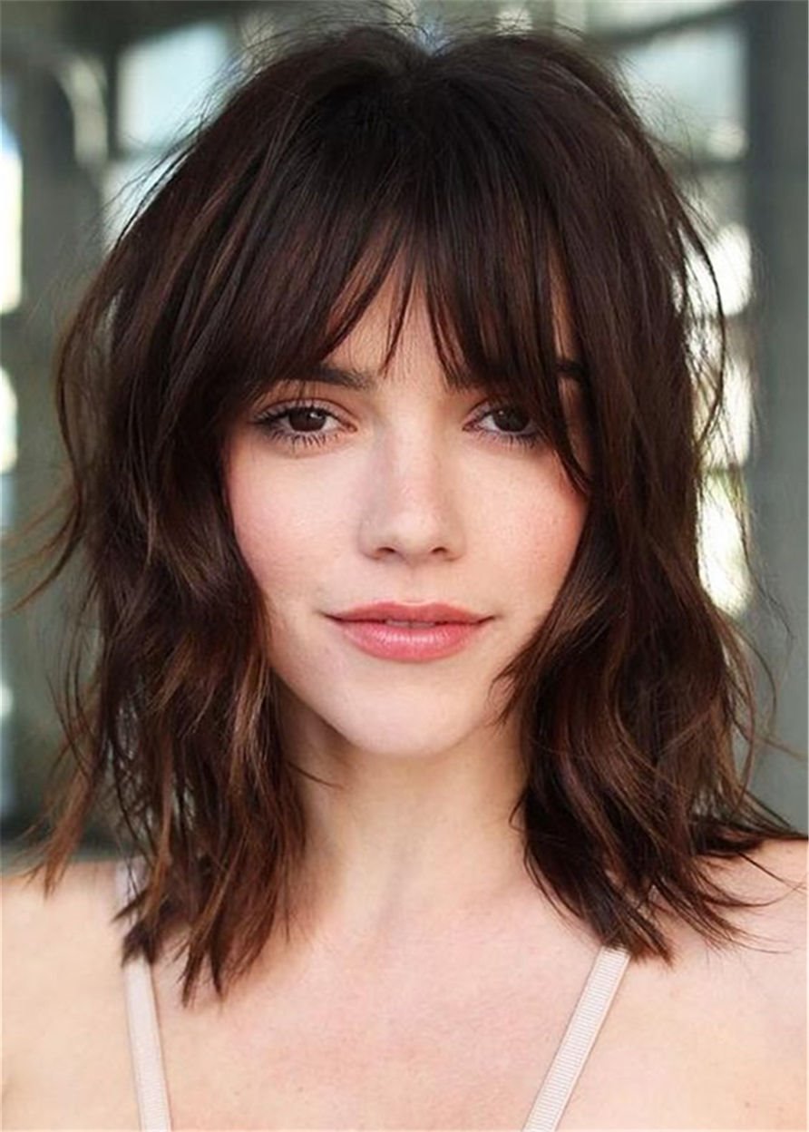 Medium Layered Wavy Human Hair With Bangs Capless 12 Inches Wigs