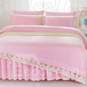 Cute Pink Cotton Material Lace-Detailed 4-Piece Bedding Sets/Duvet Cover