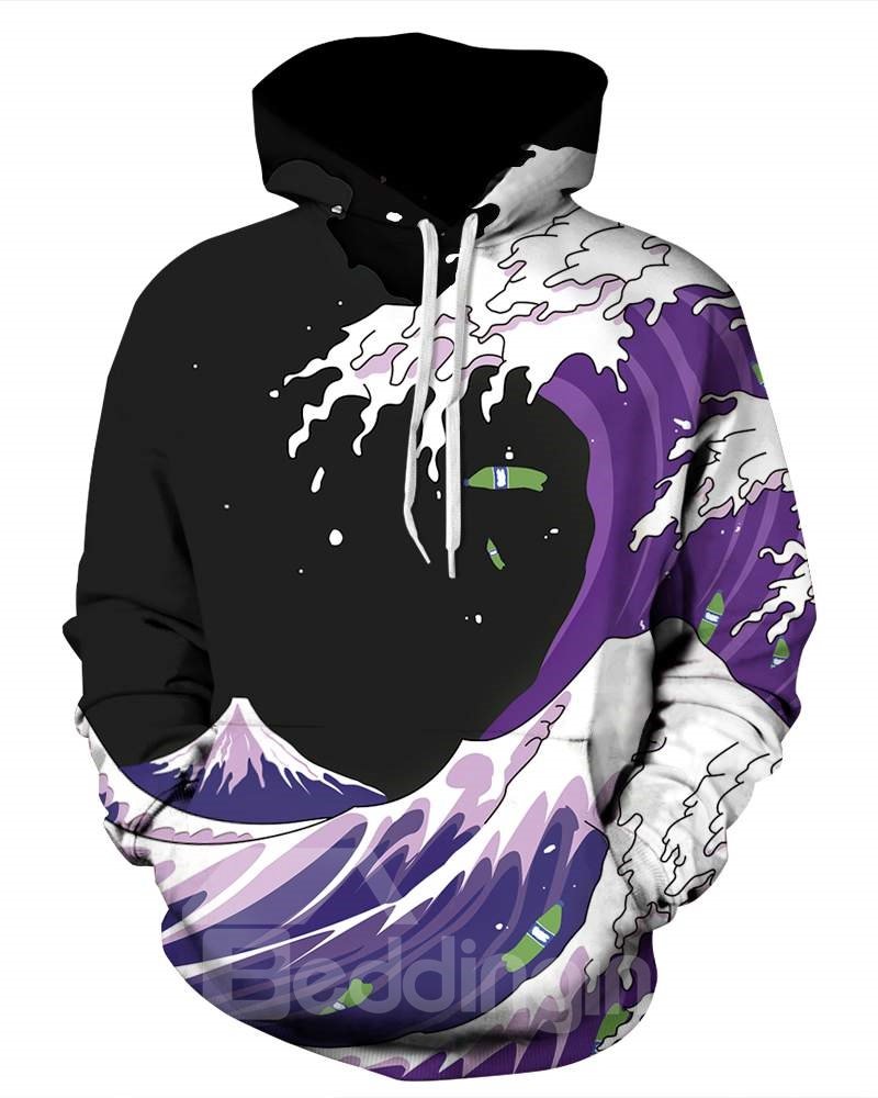 Long Sleeve Sea Wave Pattern Balck Background 3D Painted Hoodie - Image 6