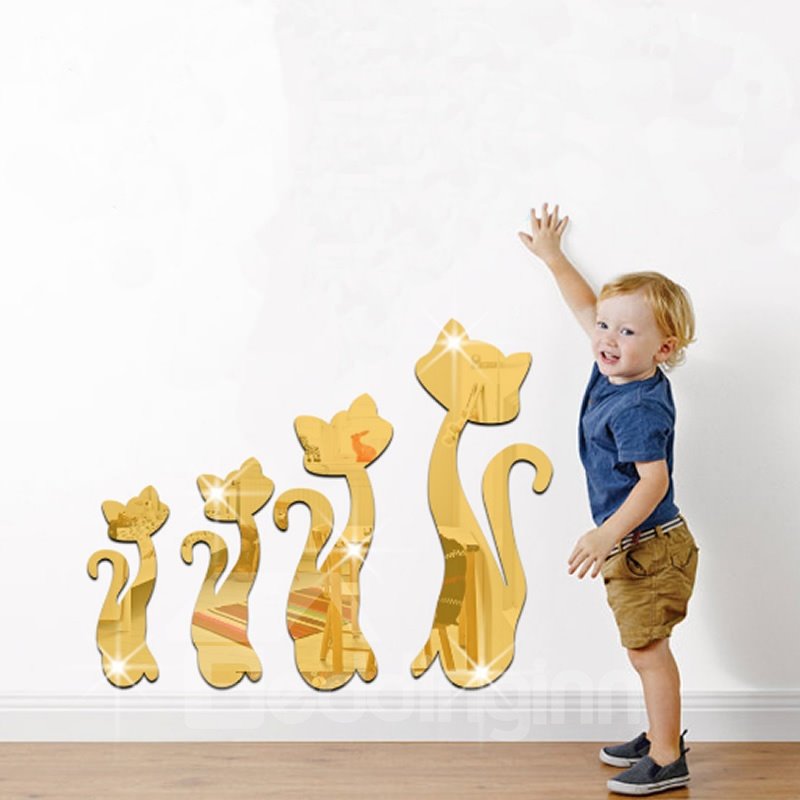 Silver/Golden Four Cats Acrylic Mirror Waterproof and Eco-friendly 3D Wall Stickers - Image 2