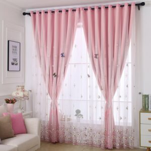 Embroidery Blackout and Decorative Cloth and Sheer Sewing Together Pink 2 Panels Curtain