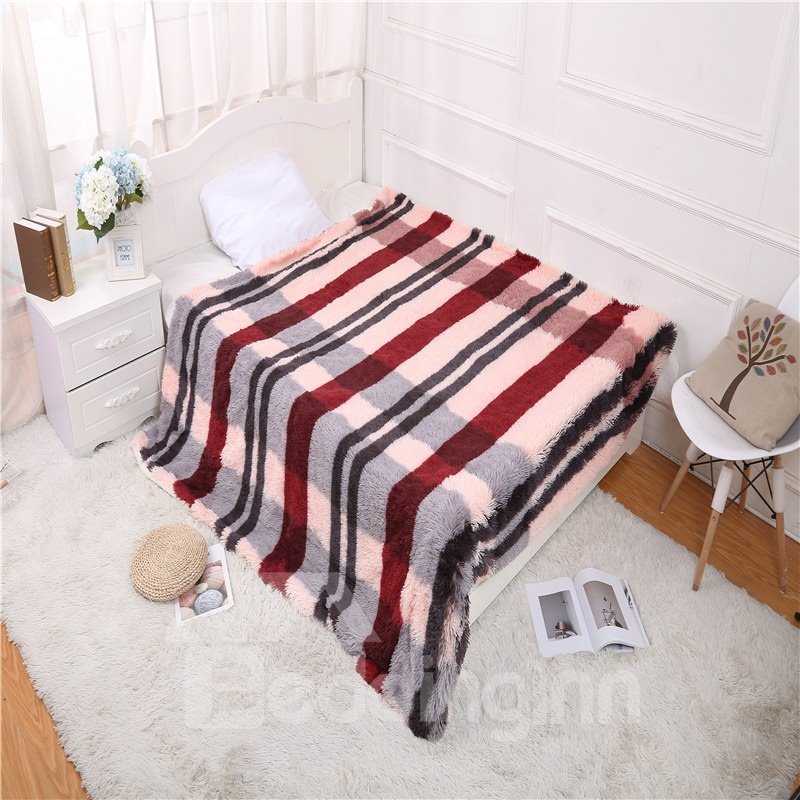 Simple Stripes Wine Red Double Thick Lamb Cashmere Winter Blanket - Image 2