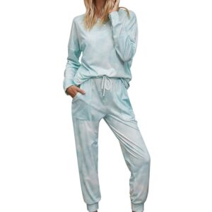 Casual Pocket Long Sleeve Green Gradient Women's Pajama Suit