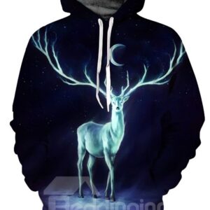 Cool Long Sleeve Deer Long Antlers Pattern 3D Painted Hoodie