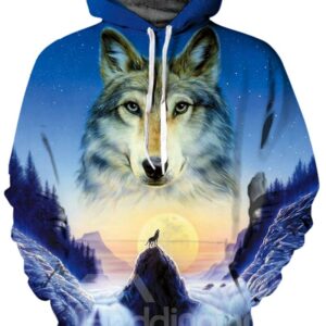 Special Long Sleeve Fullmoon Wolf Pattern Front Pocket 3D Painted Hoodie