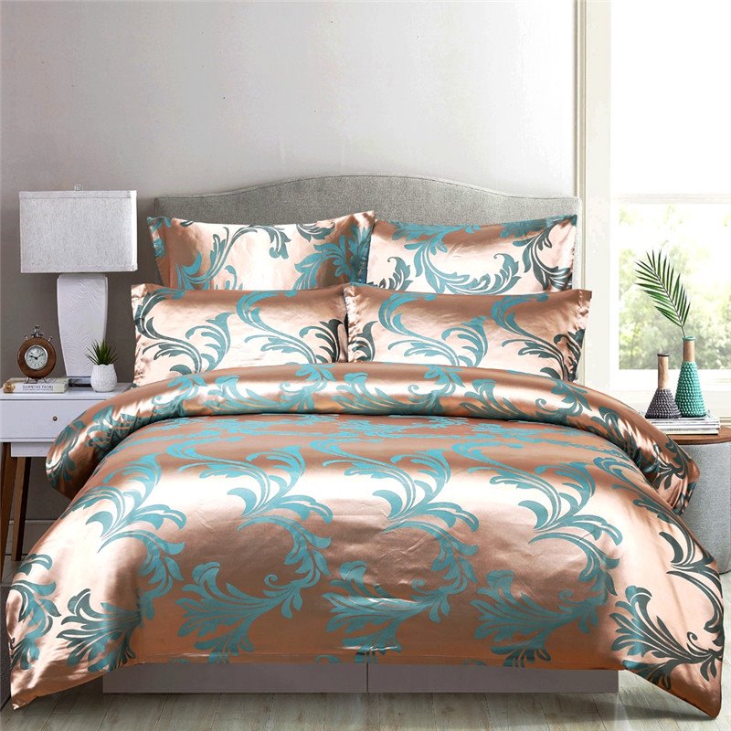Silky Satin Jacquard 3-Piece Bedding Set Skin-friendly Polyester Duvet Cover Set 2 Pillowcases Twin Queen King Size Silver Blue Red - Image 4