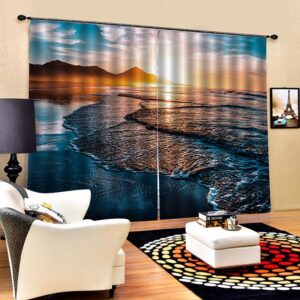 Blackout Curtains 3D Scenery Beach and Sunset Grommet Curtains Insulated Room Living Room Bedroom Decoration Curtains Set of 2 Panels Heat Insulation Sun Protection Waterproof