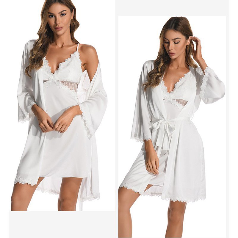Pajamas Sexy Chiffon Lace Plain Regular Women's Pajama Suit Home Dress Nightgowns Robe 2 PCS Set - Image 7
