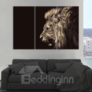 12¡Á24in¡Á3 Panels Roaring Lion on Black Background Hanging Canvas Waterproof Eco-friendly Framed Prints