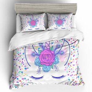 3 Piece Girl Duvet Cover Set Cartoon Unicorn Rainbow and Miracle for Teens 1 Duvet Cover and 2 Pillowcovers Lightweight Microfiber Comforter Cover