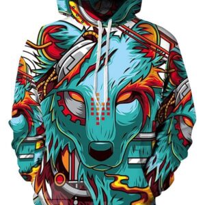 Long Sleeve Cartoon Wolf Pattern Pocket 3D Painted Hoodies