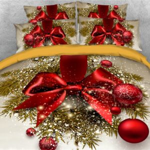 3D Christmas Theme 4-Piece Duvet Cover Set/Bedding Set Snowman Red Bow Comforter Cover with Zipper Closure and Corner Ties 2 Pillowcases 1 Flat Sheet 1 Duvet Cover Soft Skin-friendly Microfiber