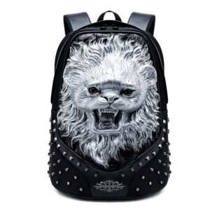 3D Lion Rivet Painted Bags Handbag Backpacks Waterproof PU Leather For Adult