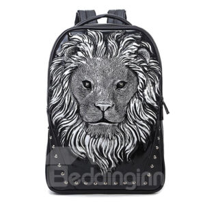 3D Lion Face Studded Backpack PU Leather Rucksack Shoulder Bag