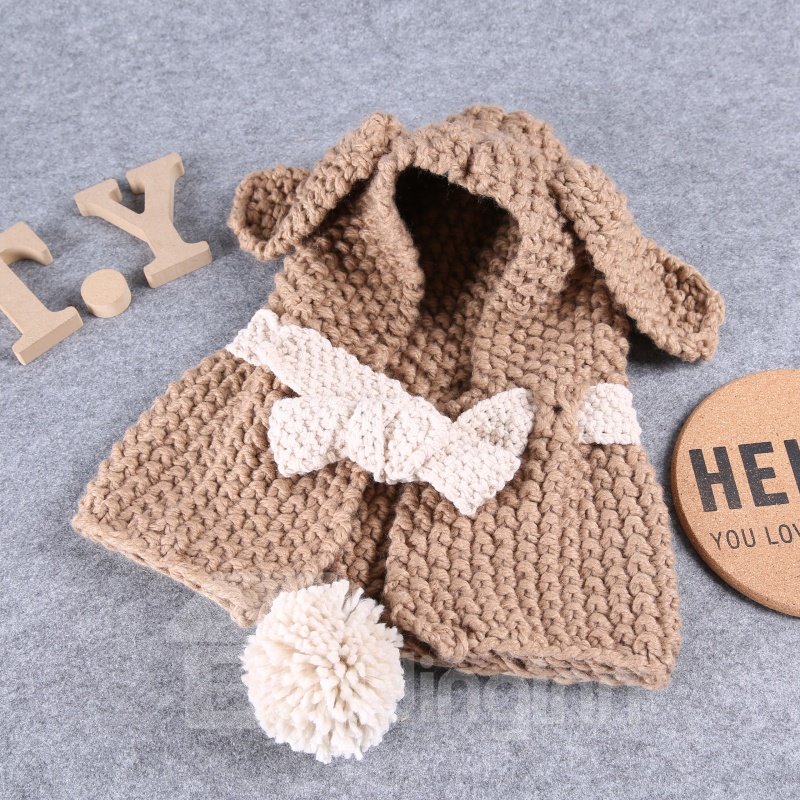 Bunny-ear Domed Knitted Brimless Hooded Cape with Pompon Baby Hat - Image 2