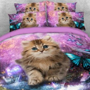 Cat and Butterfly 3D Printed Duvet Cover Set Purple Galaxy Background 4 Pcs Bedding Set Ultra Soft Comforter Cover with Zipper Closure and Corner Ties