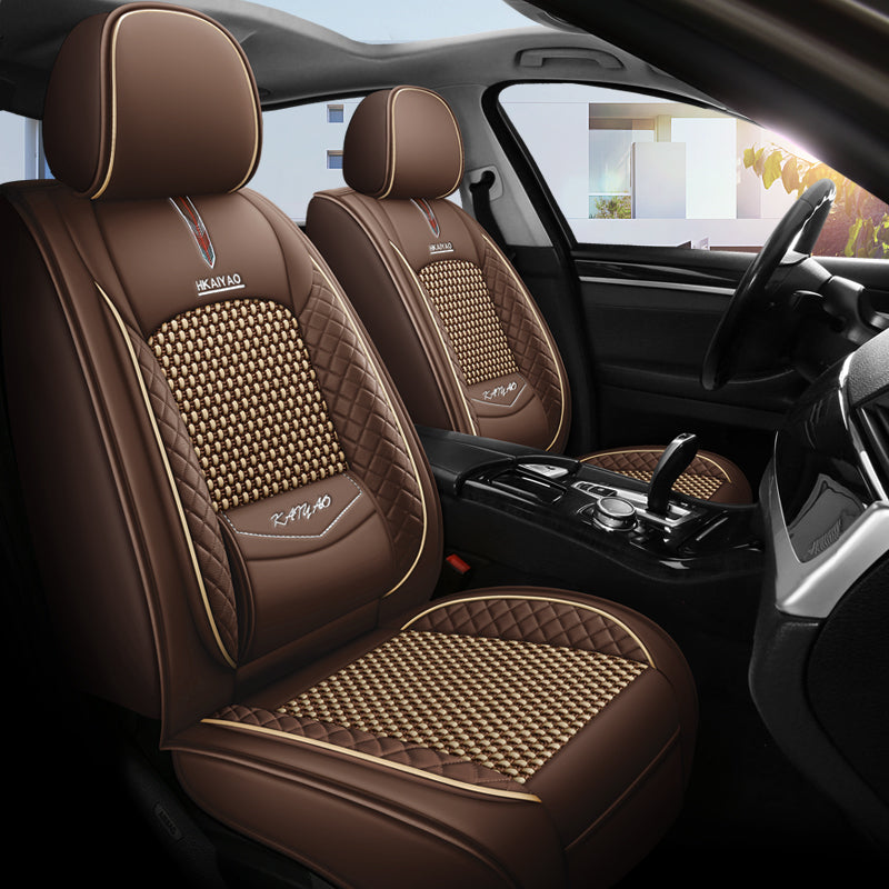 Cooling Fabric and Faux Leather Universal Fit Car Seat Covers with Basketweave Pattern for 5-Seat Sedan SUV - Image 10