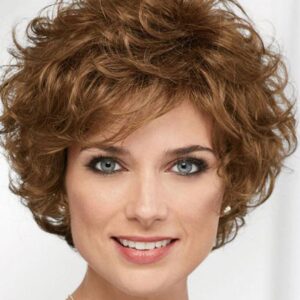 Short Layered Hairstyle Women's Natural Looking Brown Curly Synthetic Hair Capless Wigs 14Inch