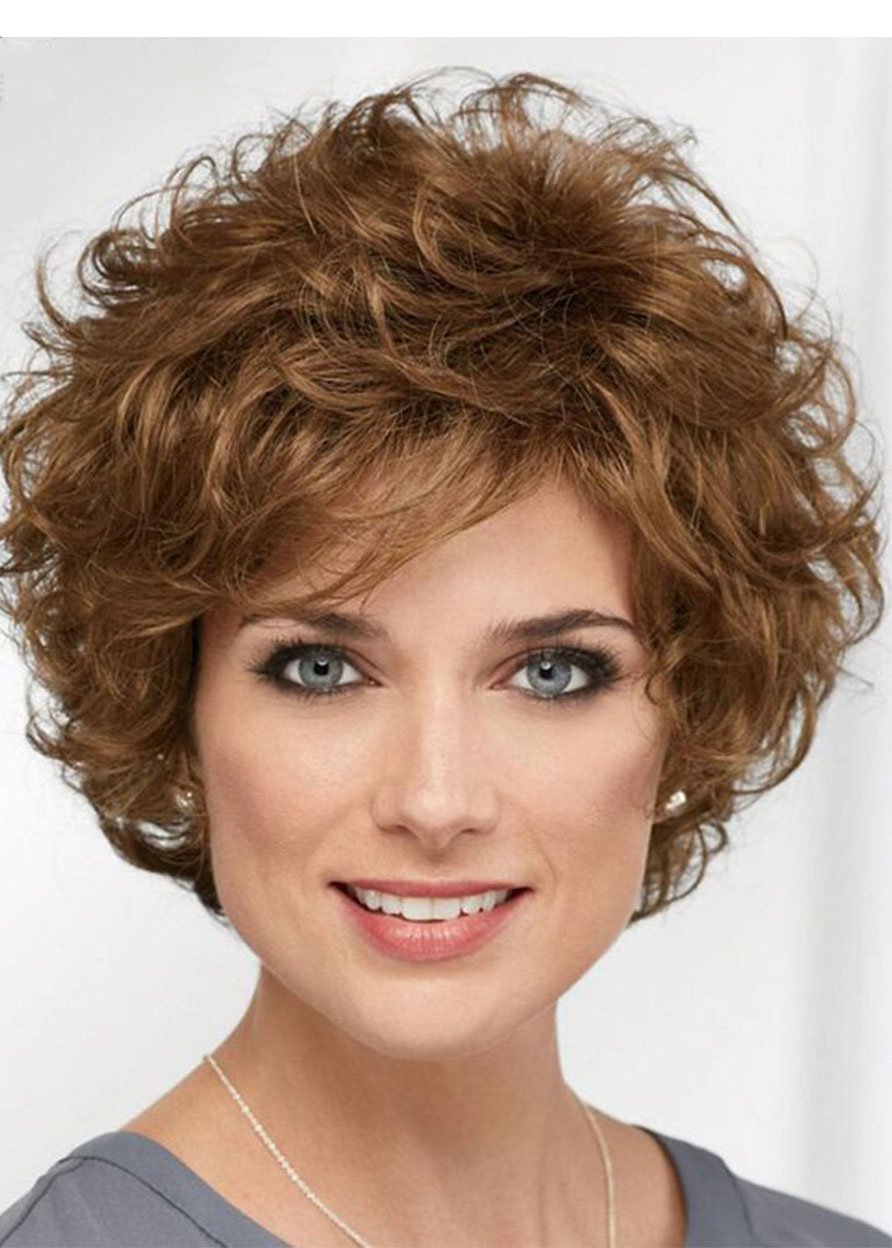 Short Layered Hairstyle Women's Natural Looking Brown Curly Synthetic Hair Capless Wigs 14Inch - Image 41