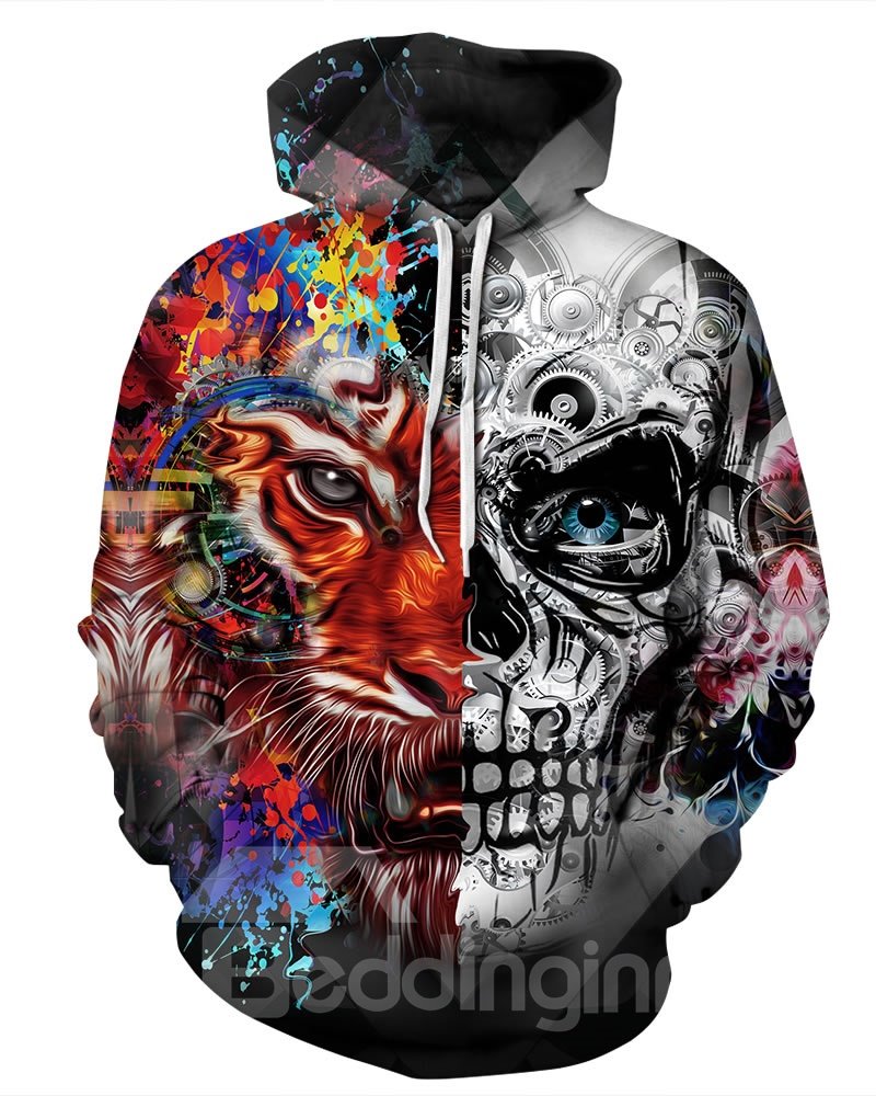 Cool Long Sleeve Tiger Skull Face Pattern 3D Painted Hoodie - Image 5