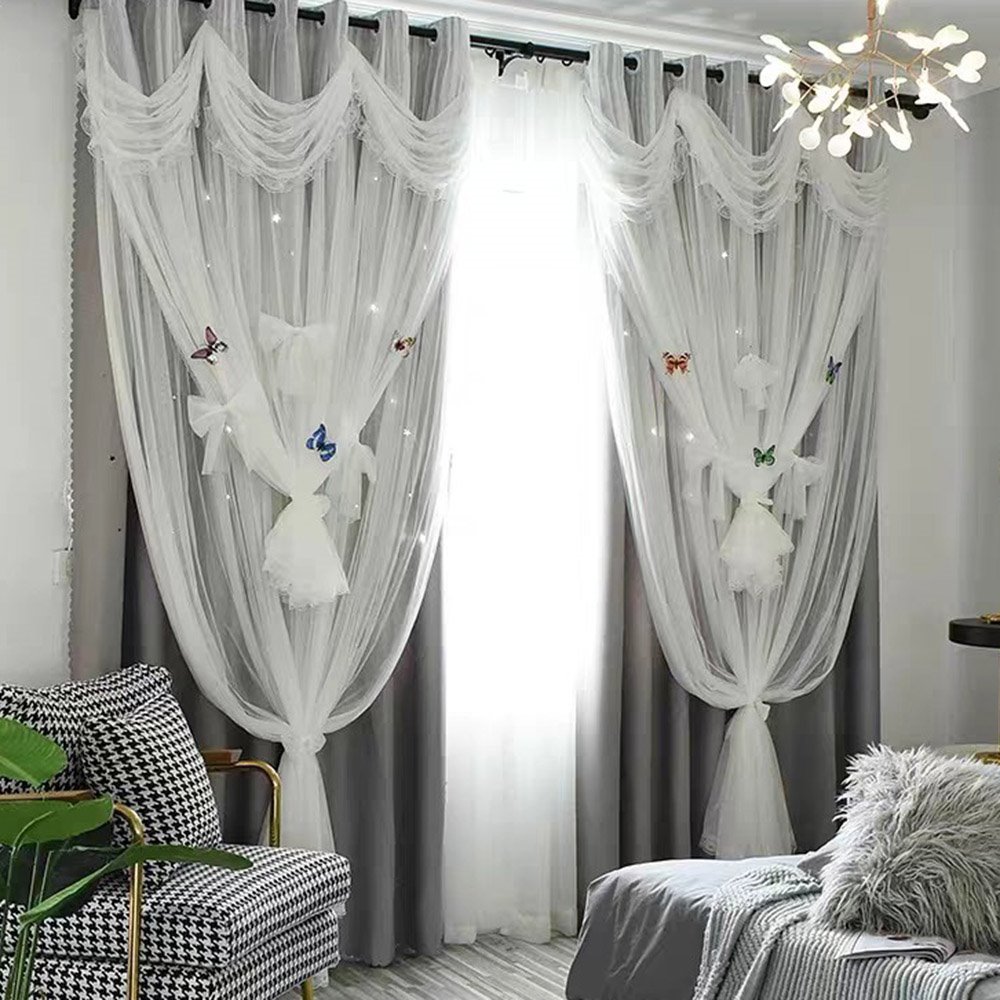 Princess Style Star Hollowed-out Blackout Decorative Curtain Set Cloth and Sheer Sewing Together Custom 2 Panels Drapes for Living Room Bedroom - Image 55