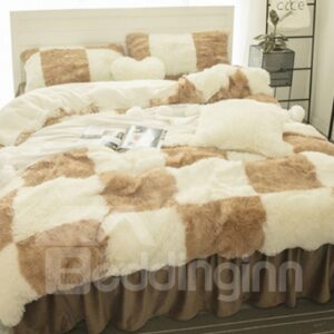 Brown and White Plaid Fluffy Bed Skirt 4-Piece Soft Bedding Sets/Duvet Cover