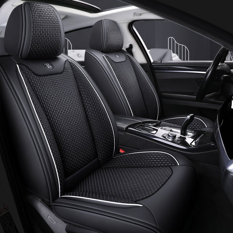 Cool and Hard-wearing Exclusive 5 Seater Universal Fit Seat Covers for Summer Combination of Durable Leather and Breathable Linen Material Compatible with Airbags Universal Fit Interior Accessories for Auto Truck Van SUV - Image 3