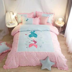 4 PCS Duvet Cover Set Pink Cartoon Mermaid Cotton Bedding Set Gifts for Girls Bedroom