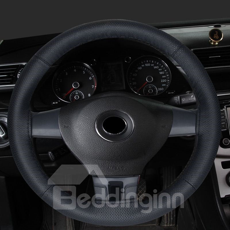Pure Color Textured Genuine PU Leather Hand-stitched Steering Wheel Cover - Image 5