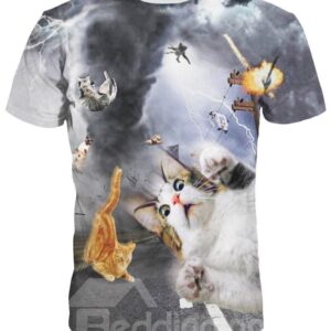 Unisex Casual Short Sleeve Tornado and Cats 3D Pattern T-Shirt