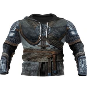 Men Viking Warrior Armor Hoodie, 3D Printed Norse Knights Templar Tattoos Harajuku Autumn Pullover Jacket Cosplay Coat