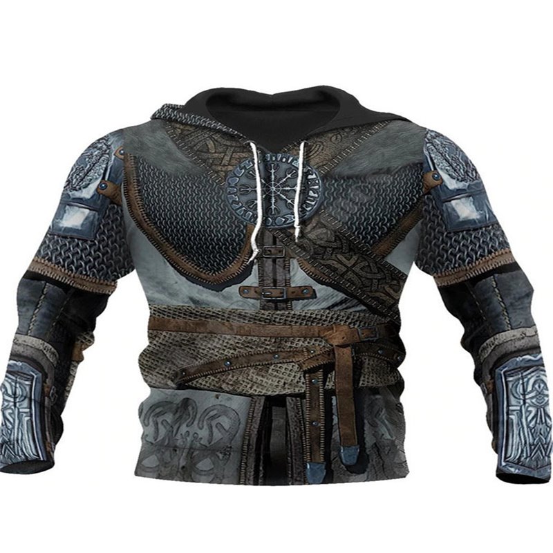 Men Viking Warrior Armor Hoodie, 3D Printed Norse Knights Templar Tattoos Harajuku Autumn Pullover Jacket Cosplay Coat