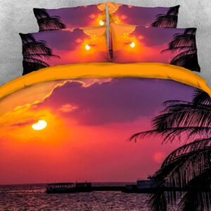 Sunset Sea 3D Coastal 5Pcs Comforter Set 3D Scenery Bedding Lightweight Soft Zipper Bedding Set with White Down Quilt