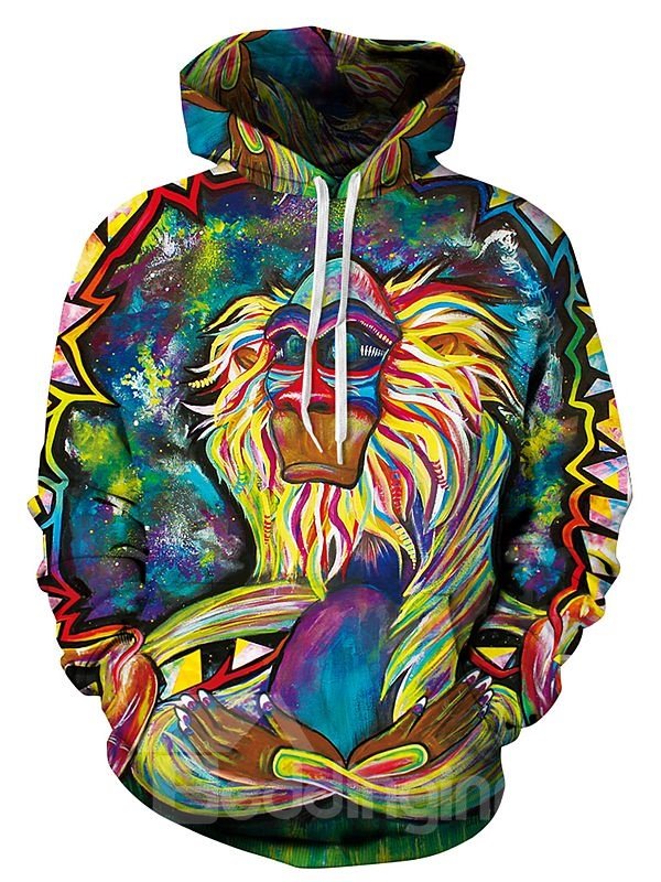 Long Sleeve Animals Apes Special Pattern Pocket 3D Painted Hoodie - Image 3