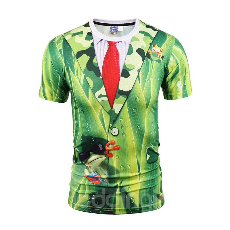 Green Leaves with Red Tie Printing Polyester Men's 3D T-Shirts - Image 3